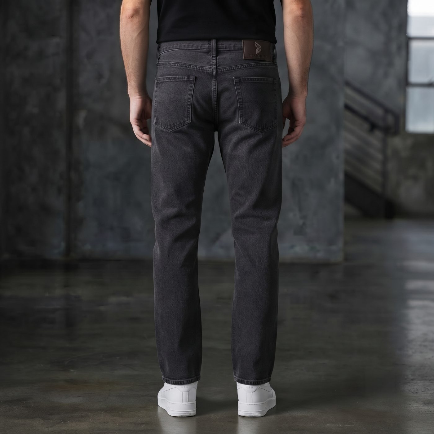 Bemount Bemount Essential Washed Black Straight Jeans in Washed Black, back view