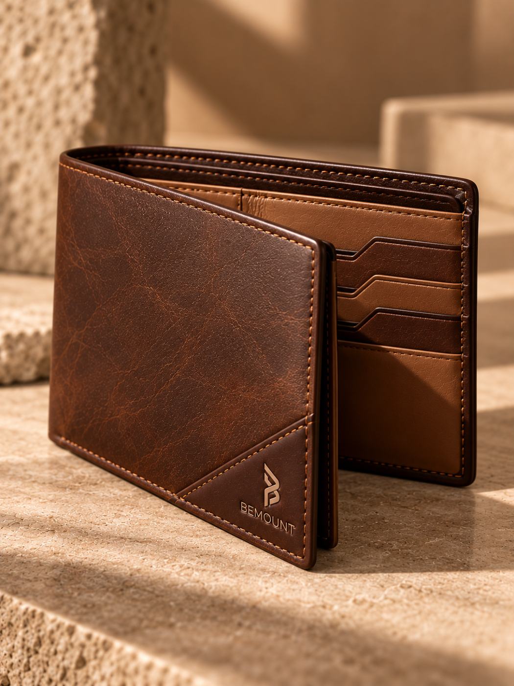 Bemount Bemount Signature Heritage Bifold Wallet in Dark Brown, open view
